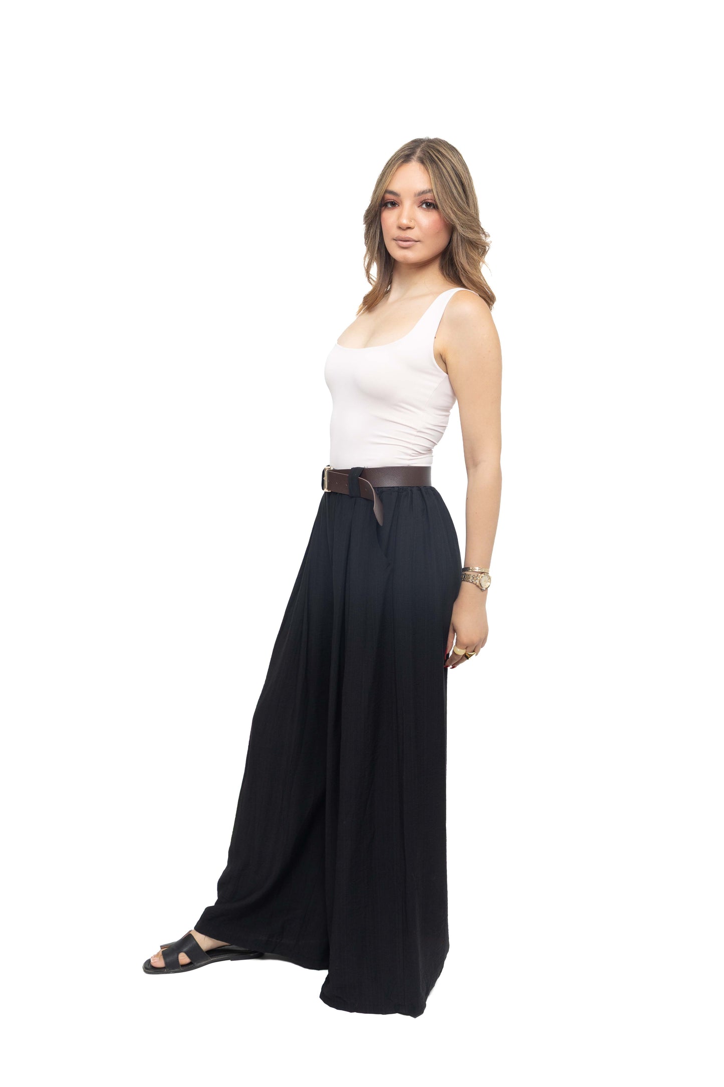 Pantalon ultra-large à plis avec ceinture