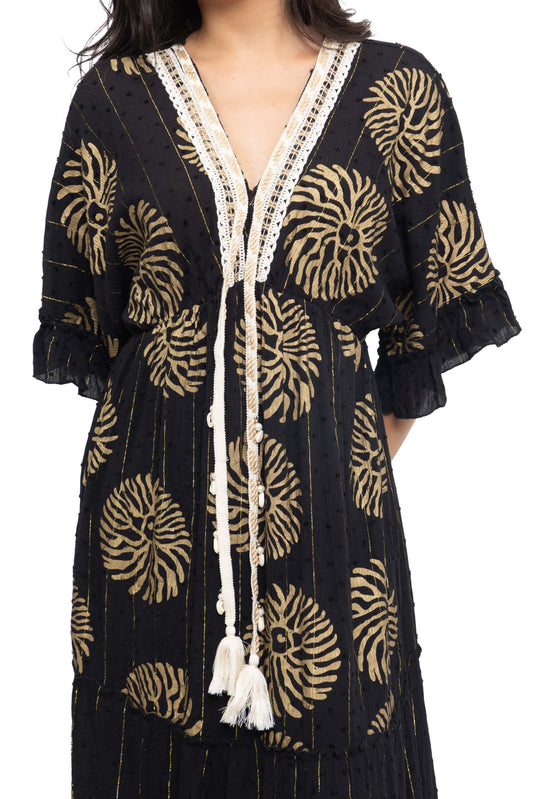 Robe longue imprimé à fils dorés