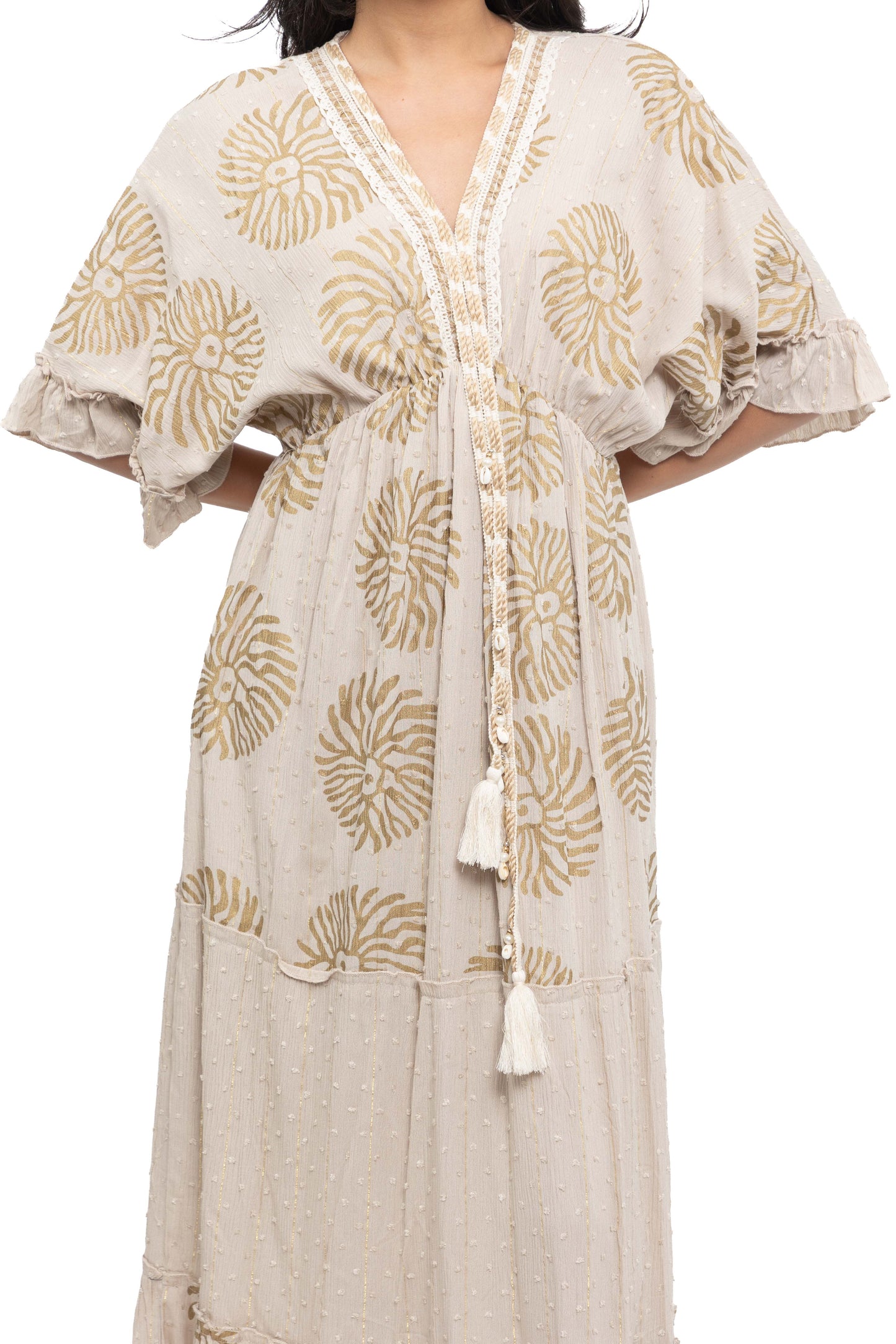 Robe longue imprimé à fils dorés