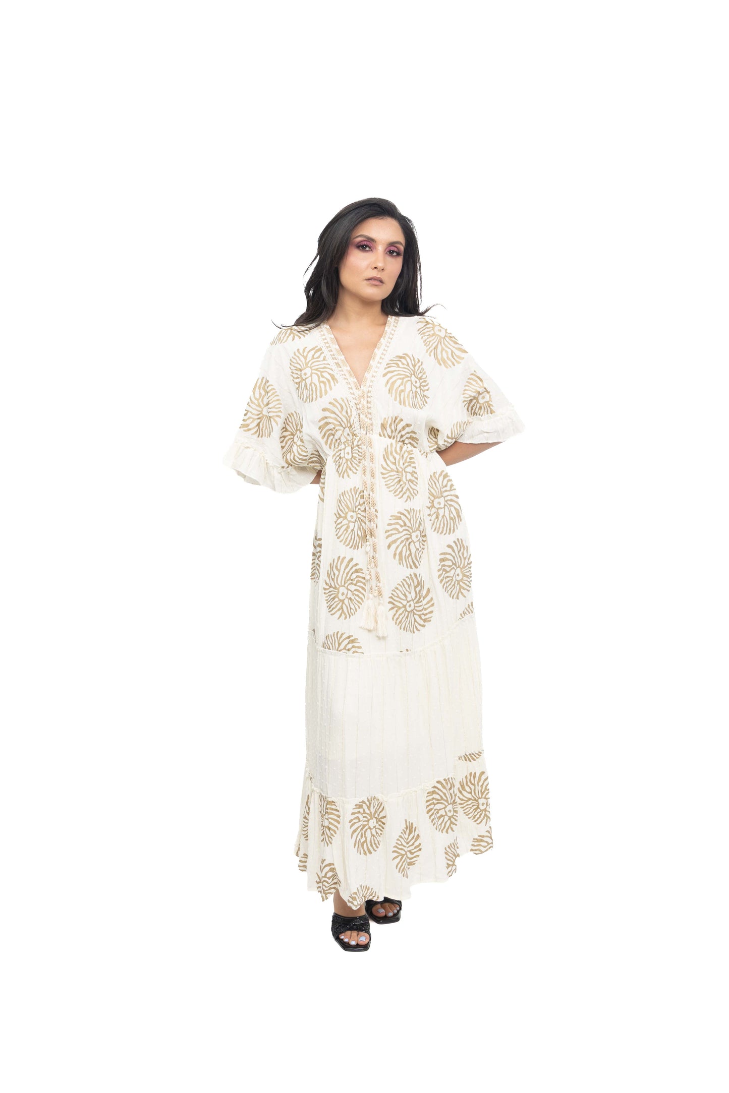 Robe longue imprimé à fils dorés