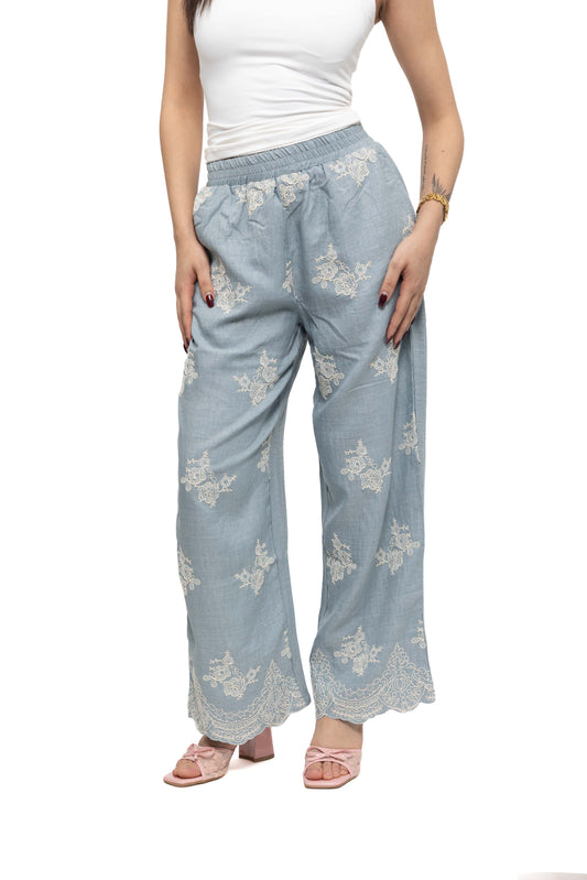 Pantalon large à broderies florale
