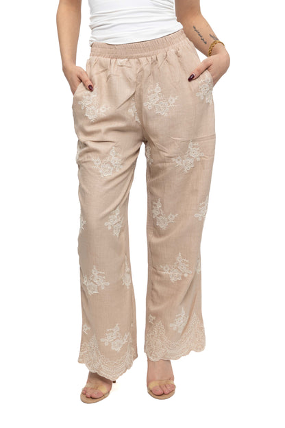 Pantalon large à broderies florale