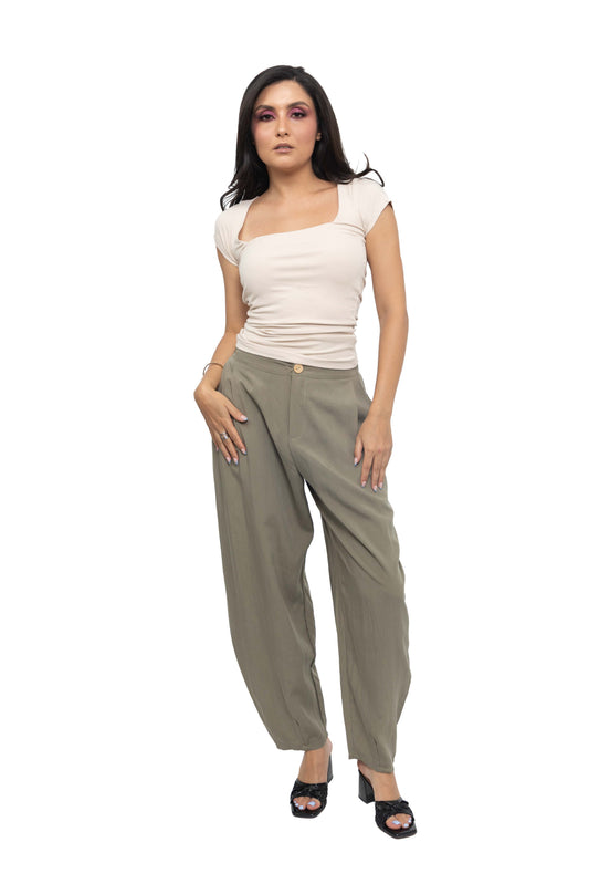 Pantalon effect lin à bouton bois