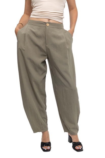 Pantalon effect lin à bouton bois