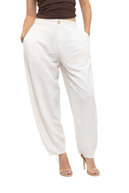 Pantalon effect lin à bouton bois