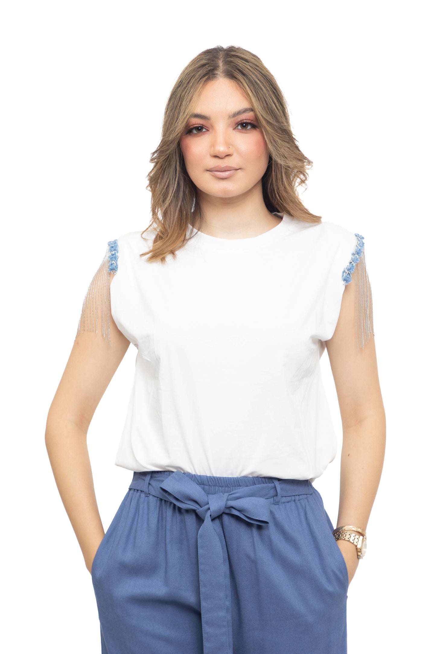 T-shirt sans manches à franges de chaînettes