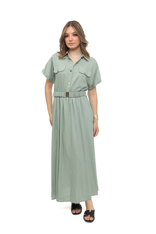 Robe longue effect lin avec ceinture