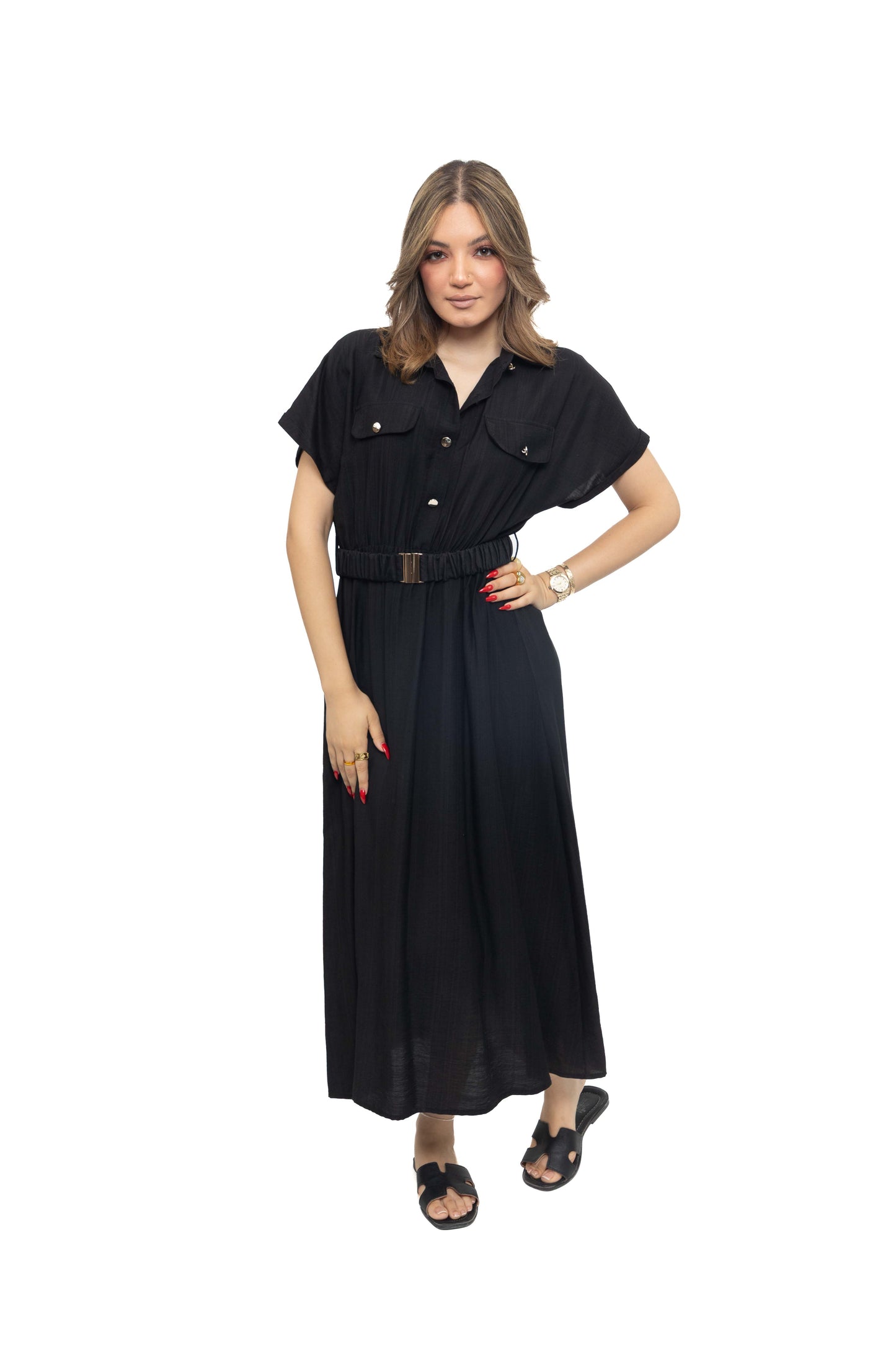 Robe longue effect lin avec ceinture
