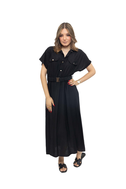 Robe longue effect lin avec ceinture