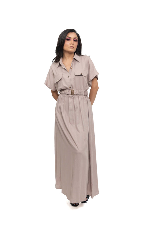 Robe longue effect lin avec ceinture