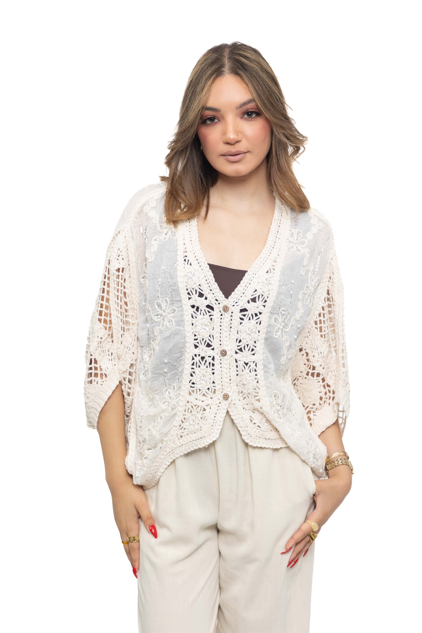 Gilet léger en dentelle et manches filet