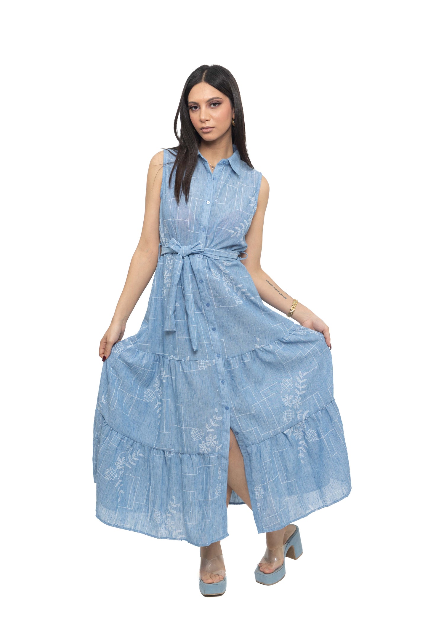 Robe sans manches en lin chiné brodé