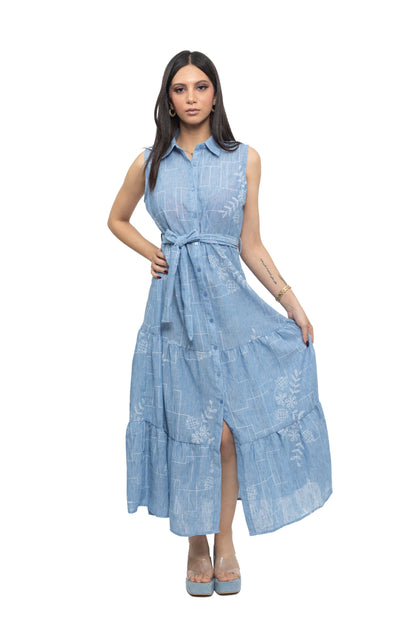 Robe sans manches en lin chiné brodé