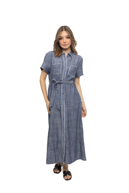 Robe longue en lin chiné avec ceinture