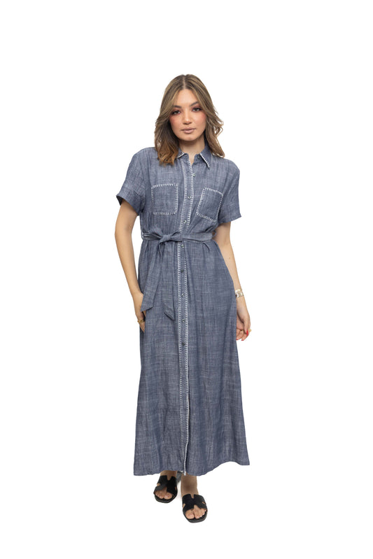 Robe longue en lin chiné avec ceinture