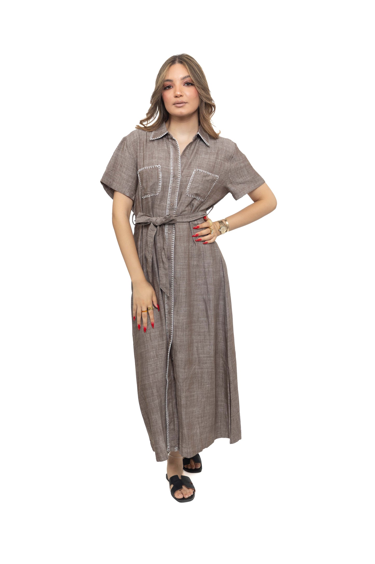 Robe longue en lin chiné avec ceinture