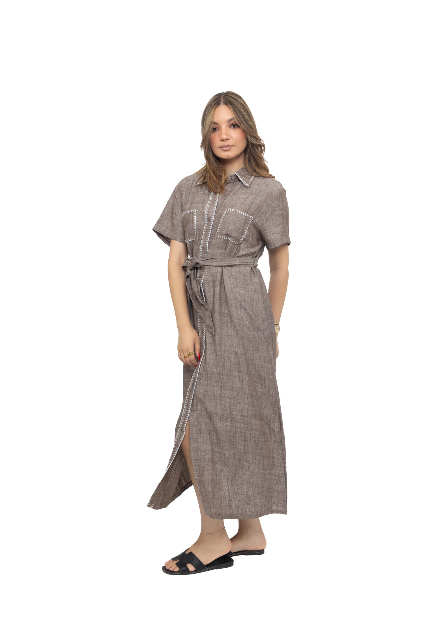 Robe longue en lin chiné avec ceinture