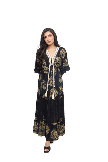 Robe longue imprimé à fils dorés