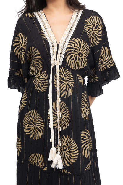 Robe longue imprimé à fils dorés