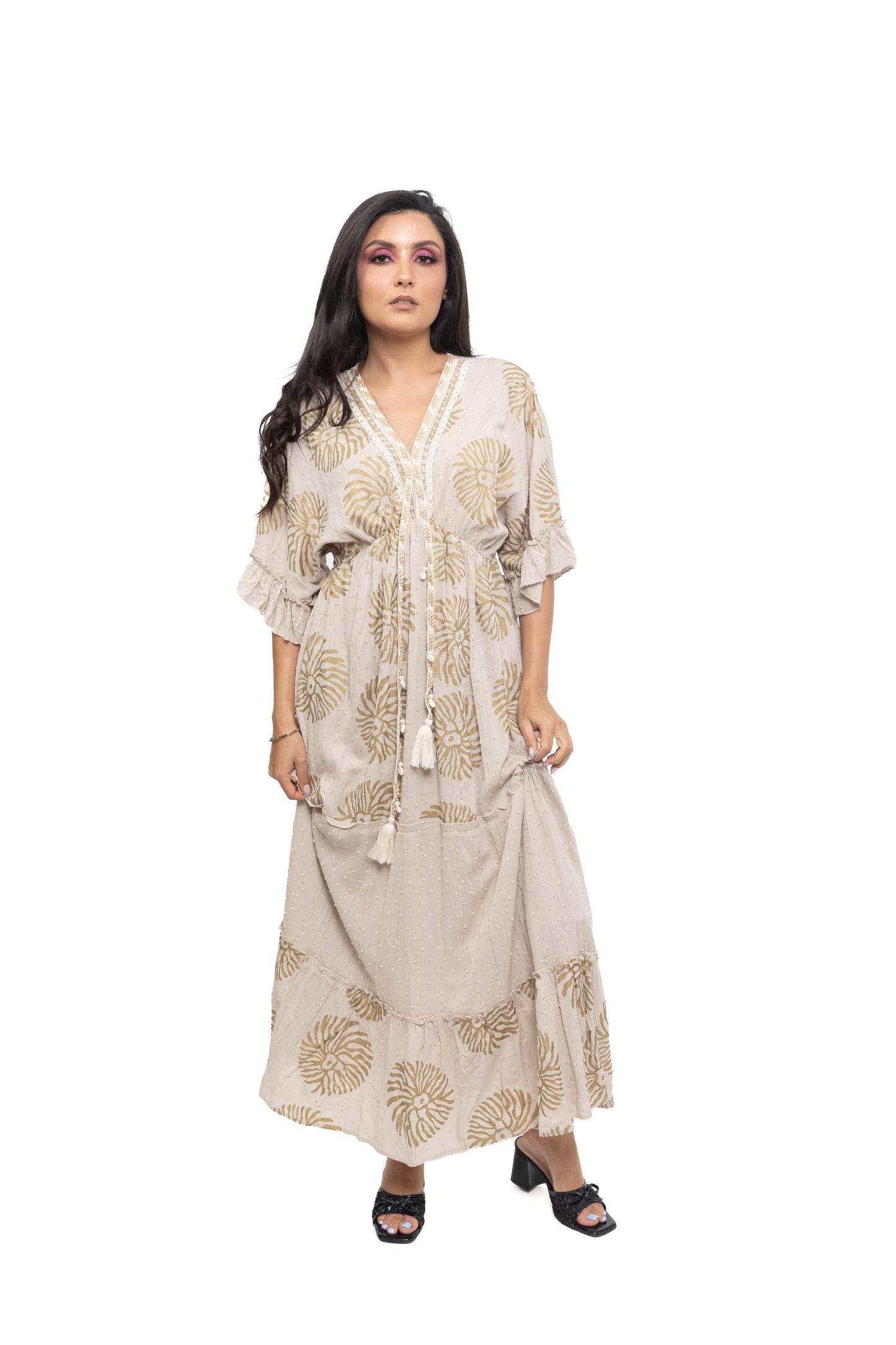 Robe longue imprimé à fils dorés