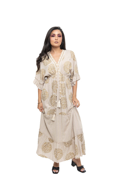 Robe longue imprimé à fils dorés