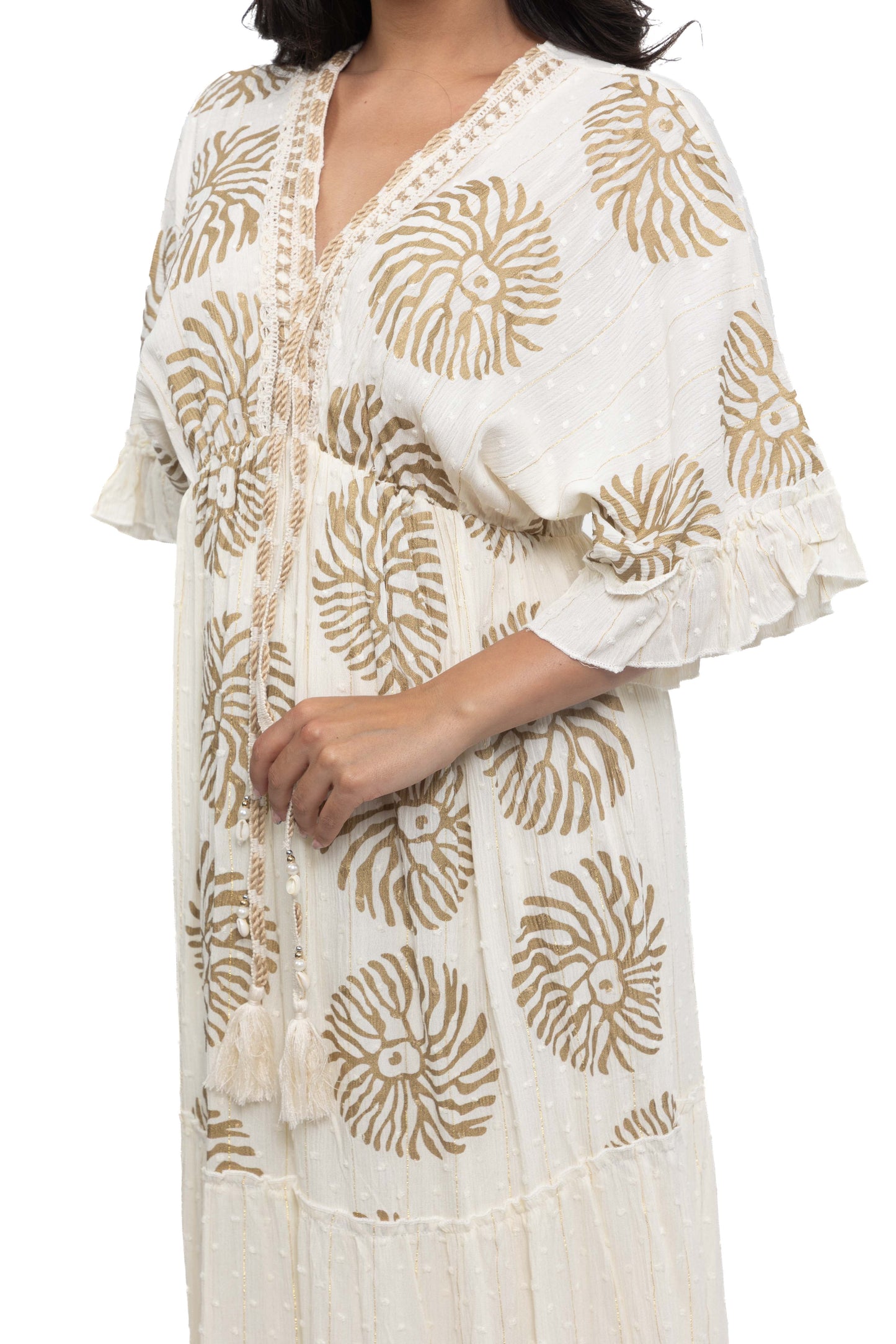 Robe longue imprimé à fils dorés